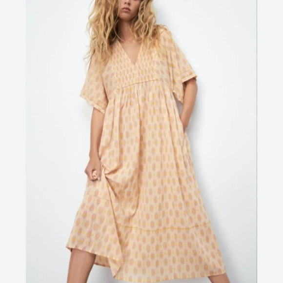 Zara Oversized V Neck Kaftan Midi Dress NWT Yellow Pink Size XS - Picture 1 of 8